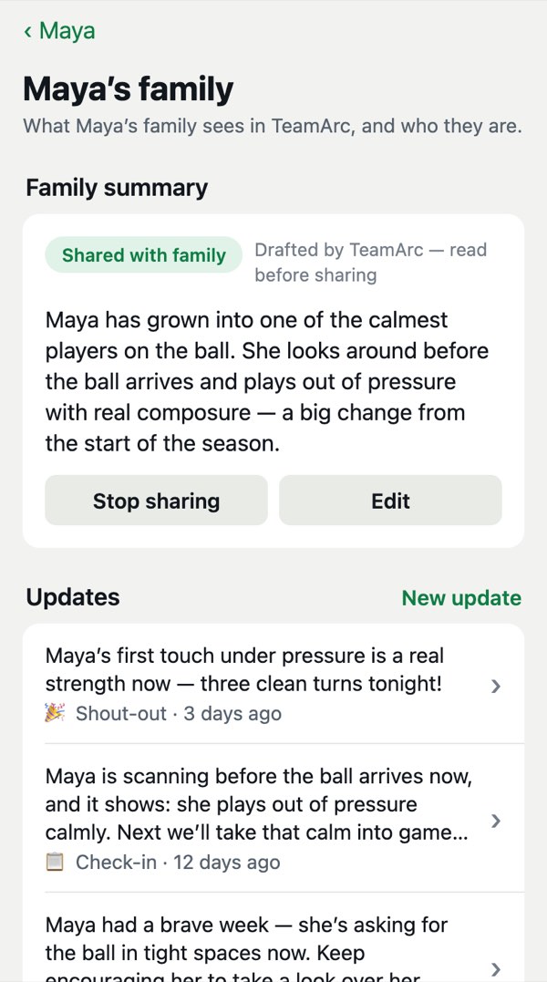 What Maya’s family sees: a family summary marked “Shared with family” with Stop sharing and Edit buttons, and the updates sent so far.