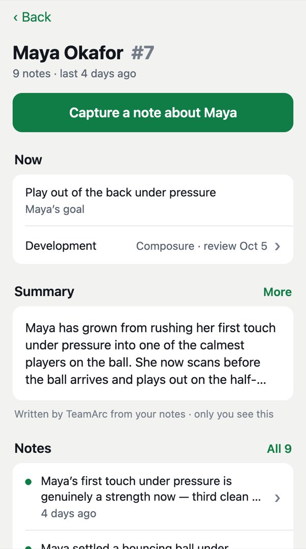 Maya Okafor’s page: her goal, her development focus, a summary written from the coach’s notes that only the coach sees, and her latest notes.