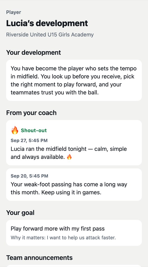 Preview of a player’s view for Lucia, a made-up player: a summary of her development, notes and a shout-out from her coach, her own goal, and team announcements.