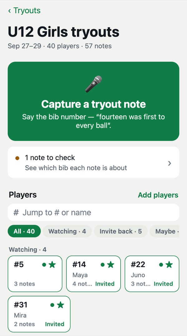 U12 Girls tryouts: 40 players by bib number, some with first names, and a “Capture a tryout note” button that asks for the bib number.