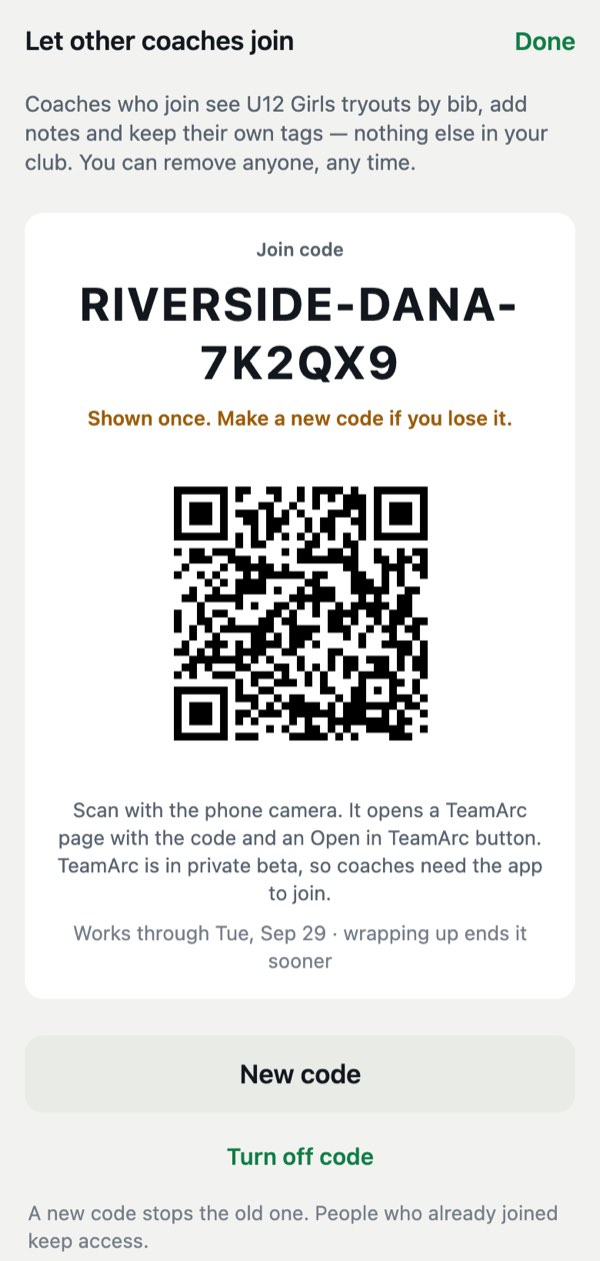“Let other coaches join”: a join code and QR code for the U12 Girls tryouts, valid through Tuesday, with New code and Turn off code.