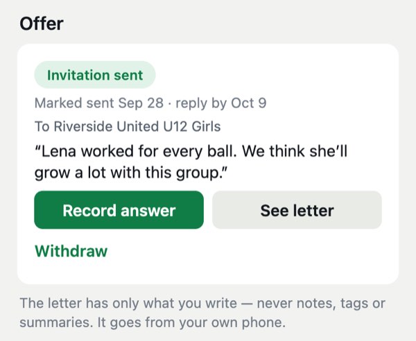 An invitation marked sent, with its reply-by date, the coach’s personal line, and Record answer, See letter and Withdraw.