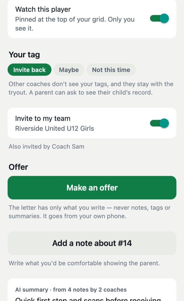 Bib 14: “Watch this player” switched on, the coach’s own tag set to Invite back, “Invite to my team” switched on, and a “Make an offer” button.