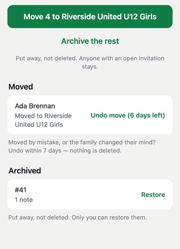 Tryout wrap-up: a button to move four players to the team, “Archive the rest”, a moved player with “Undo move (6 days left)”, and an archived bib with Restore.